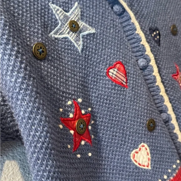 Koret City Blues Patriotic USA Flag Cardigan Americana Stars Hearts Knit Top - Picture 3 of 4